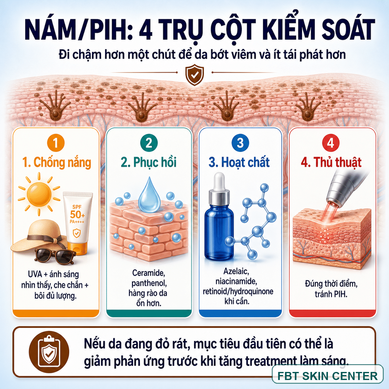 4 trụ cột kiểm soát nám nhạy cảm: chống nắng, giảm viêm, phục hồi hàng rào, điều trị sắc tố.