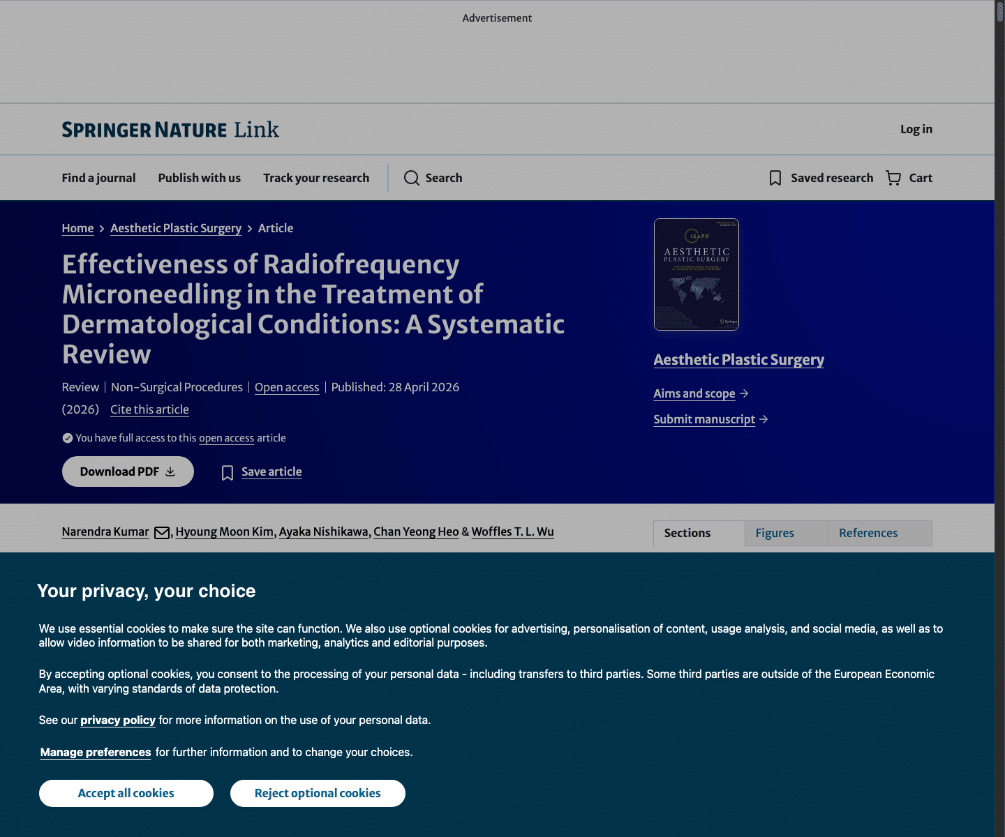 Ảnh/screenshot: Springer Nature Link / Aesthetic Plastic Surgery, 28/04/2026.