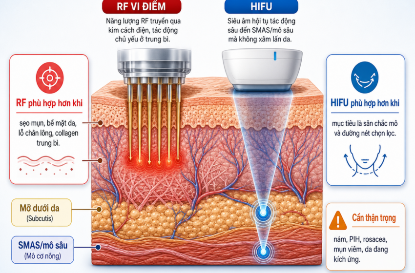 RF microneedling tác động vào lớp nào? Kim, RF, trung bì và collagen.