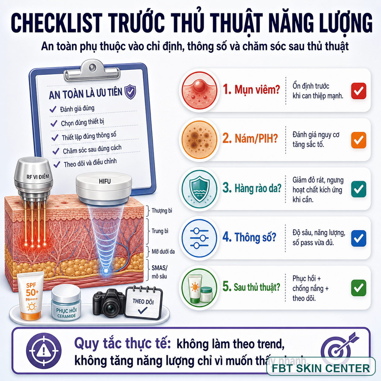Checklist trước thủ thuật năng lượng: da, chỉ định, thông số, người làm và chăm sóc sau.
