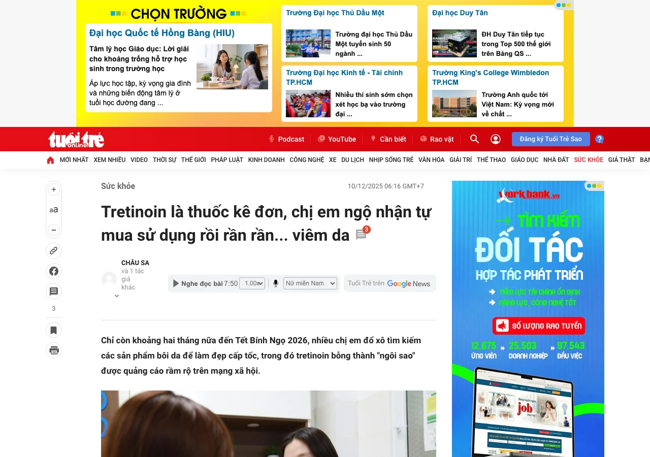 Screenshot bài Tuổi Trẻ về tretinoin