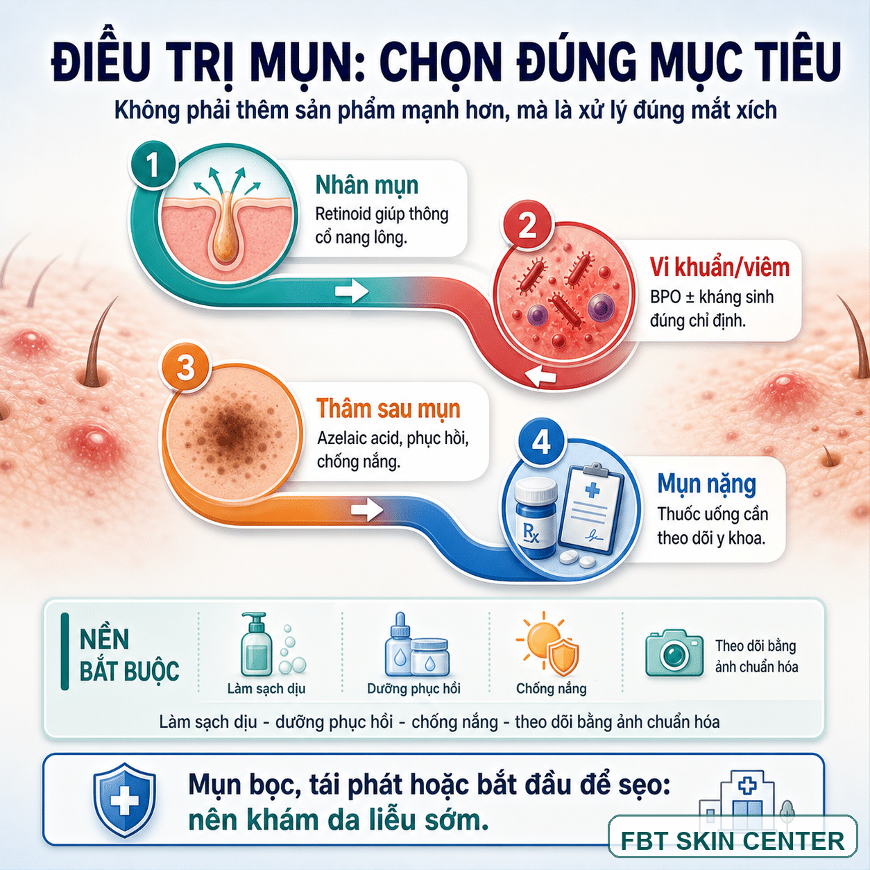 Thang điều trị mụn an toàn: chăm sóc nền, thuốc bôi, thuốc uống và theo dõi bác sĩ.