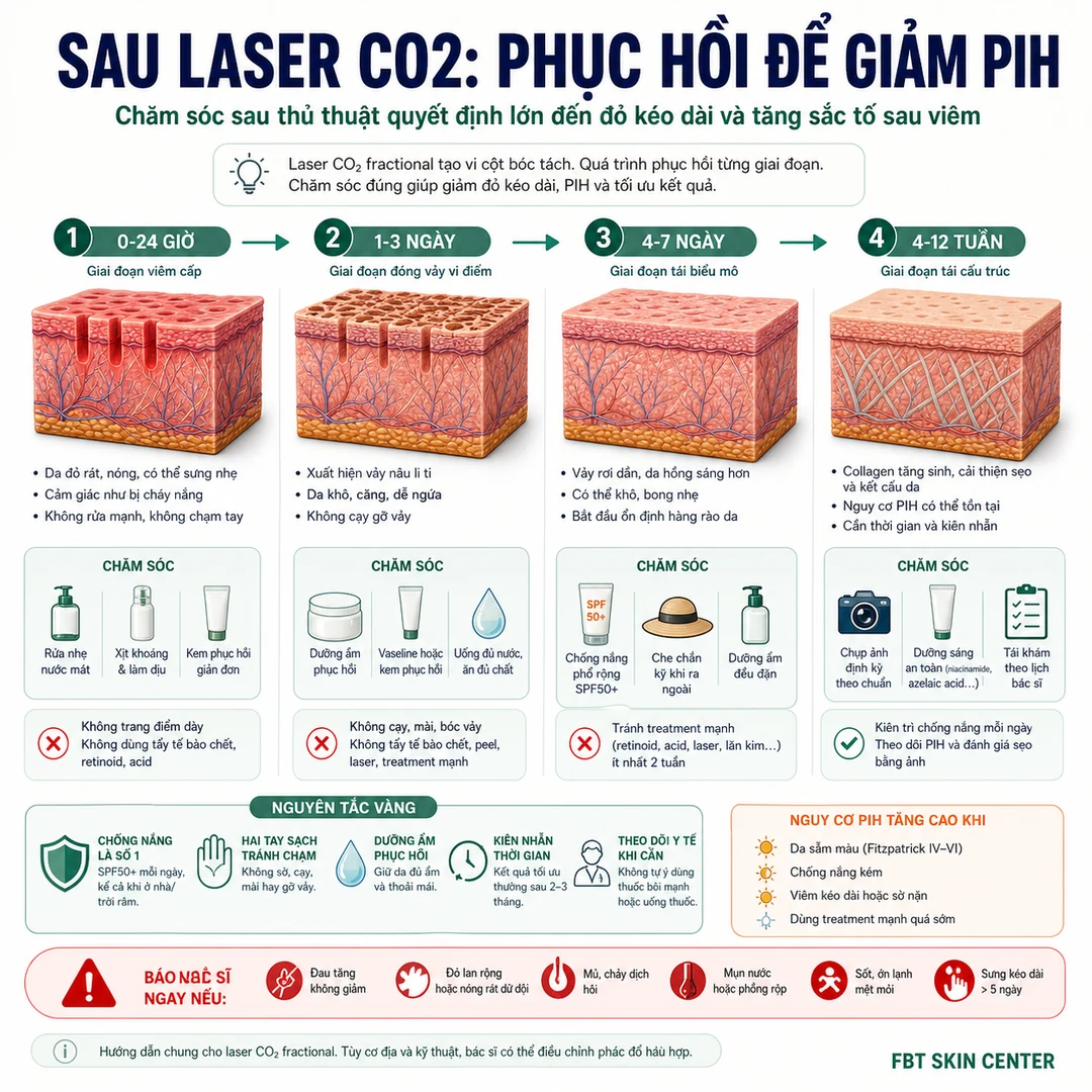 Infographic chăm sóc sau laser CO2: phục hồi bề mặt, chống nắng và giảm nguy cơ PIH.