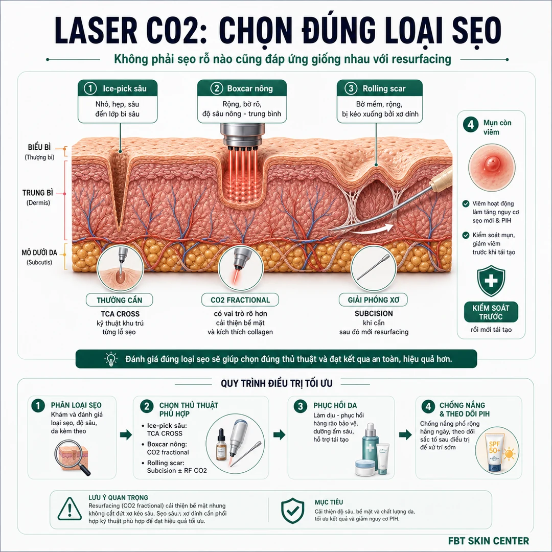 Infographic phân loại sẹo: ice-pick, boxcar, rolling scar và vai trò của laser CO2/subcision/TCA CROSS.