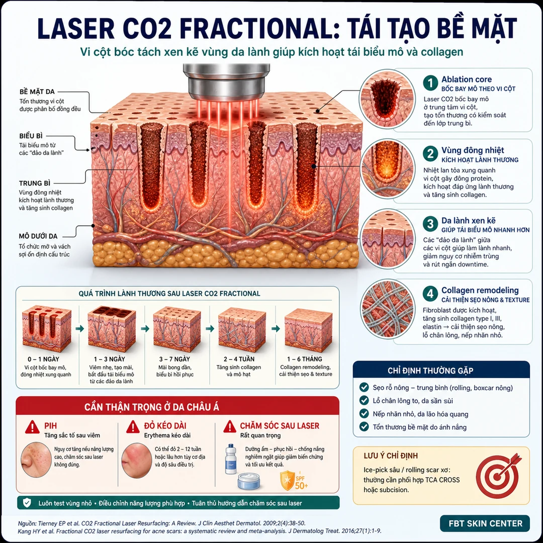 Infographic cơ chế: laser CO2 fractional tạo vi cột bóc tách, vùng đông nhiệt và collagen remodeling.