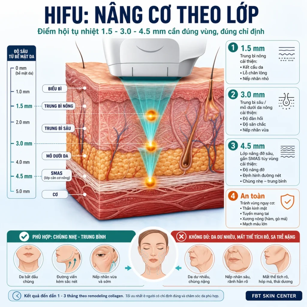 Infographic cơ chế: HIFU tác động theo các lớp 1.5 - 3.0 - 4.5 mm và điểm hội tụ nhiệt.