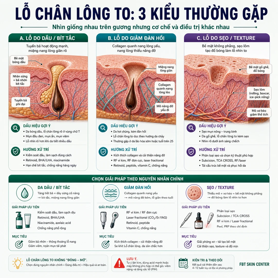 Infographic phân loại: ba kiểu lỗ chân lông to thường gặp và hướng xử trí khác nhau.