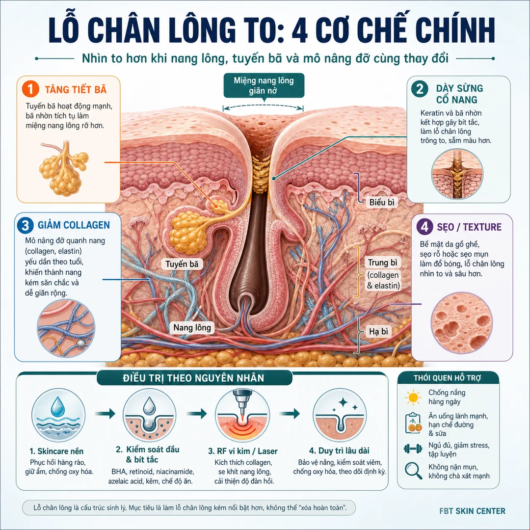 Infographic cơ chế: lỗ chân lông nhìn to do tăng tiết bã, dày sừng cổ nang, giảm collagen và sẹo/texture.
