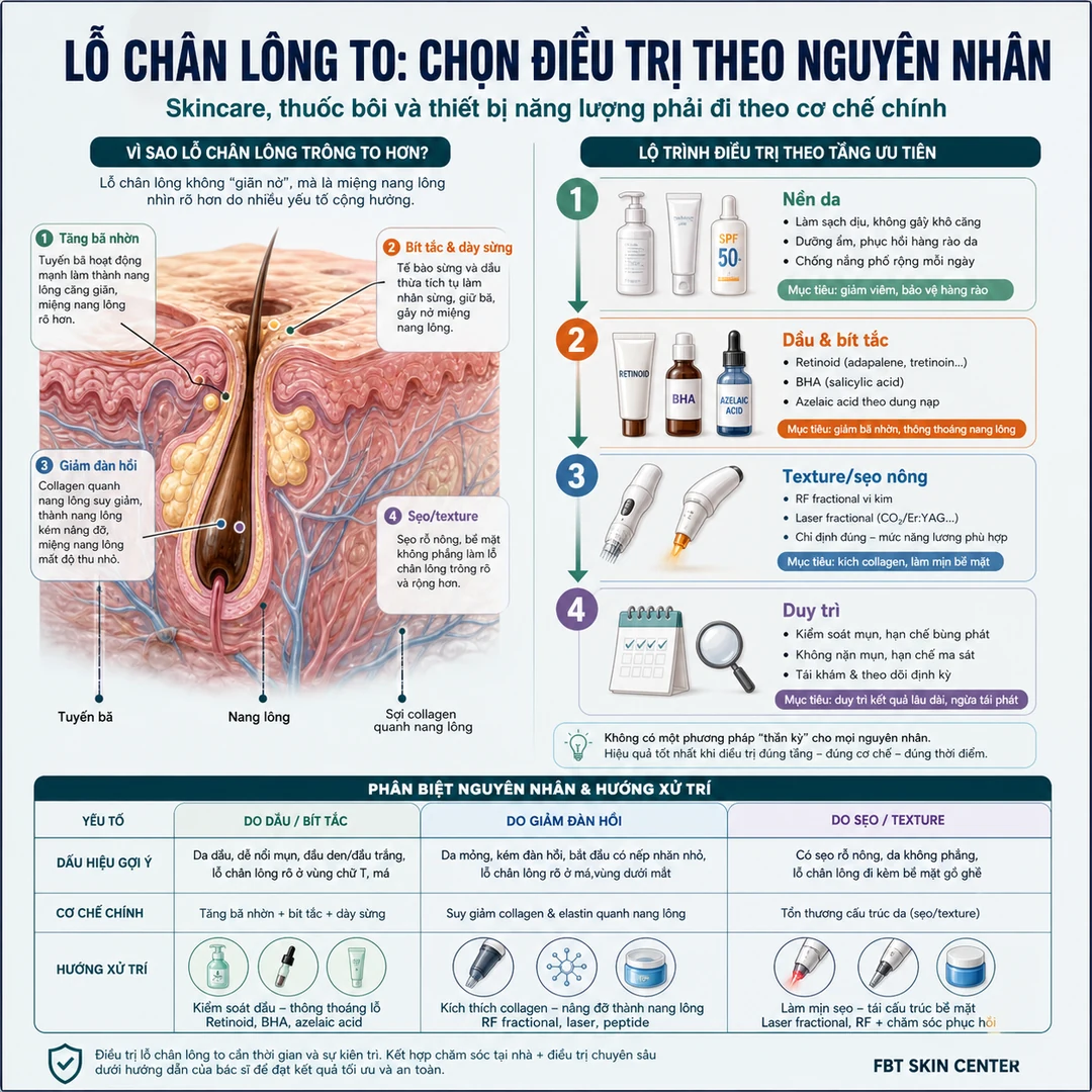 Infographic điều trị: chọn skincare, thuốc bôi, RF hoặc laser theo nguyên nhân lỗ chân lông to.