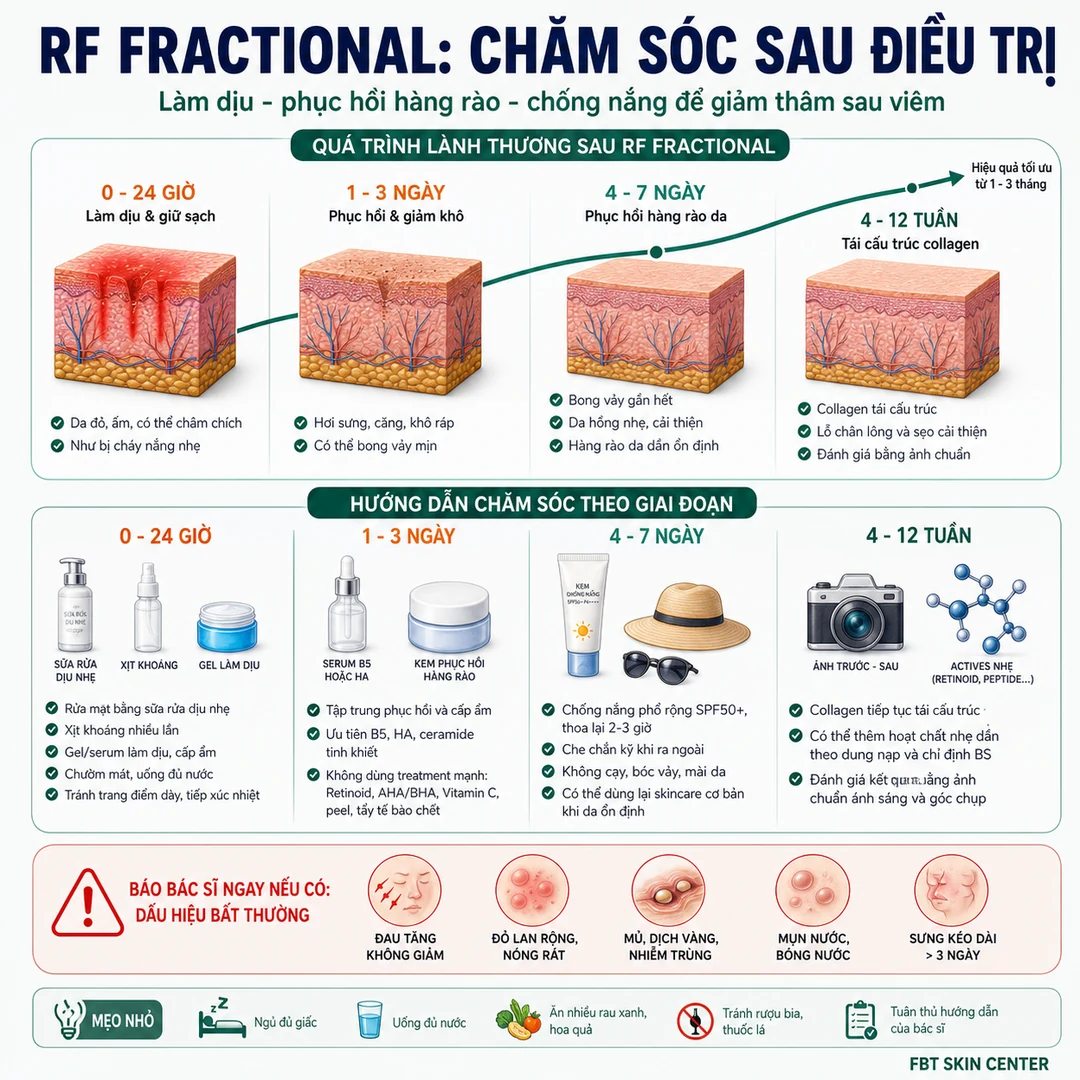 Infographic chăm sóc sau RF fractional: các mốc 0-24 giờ, 1-3 ngày, 4-7 ngày và 4-12 tuần.