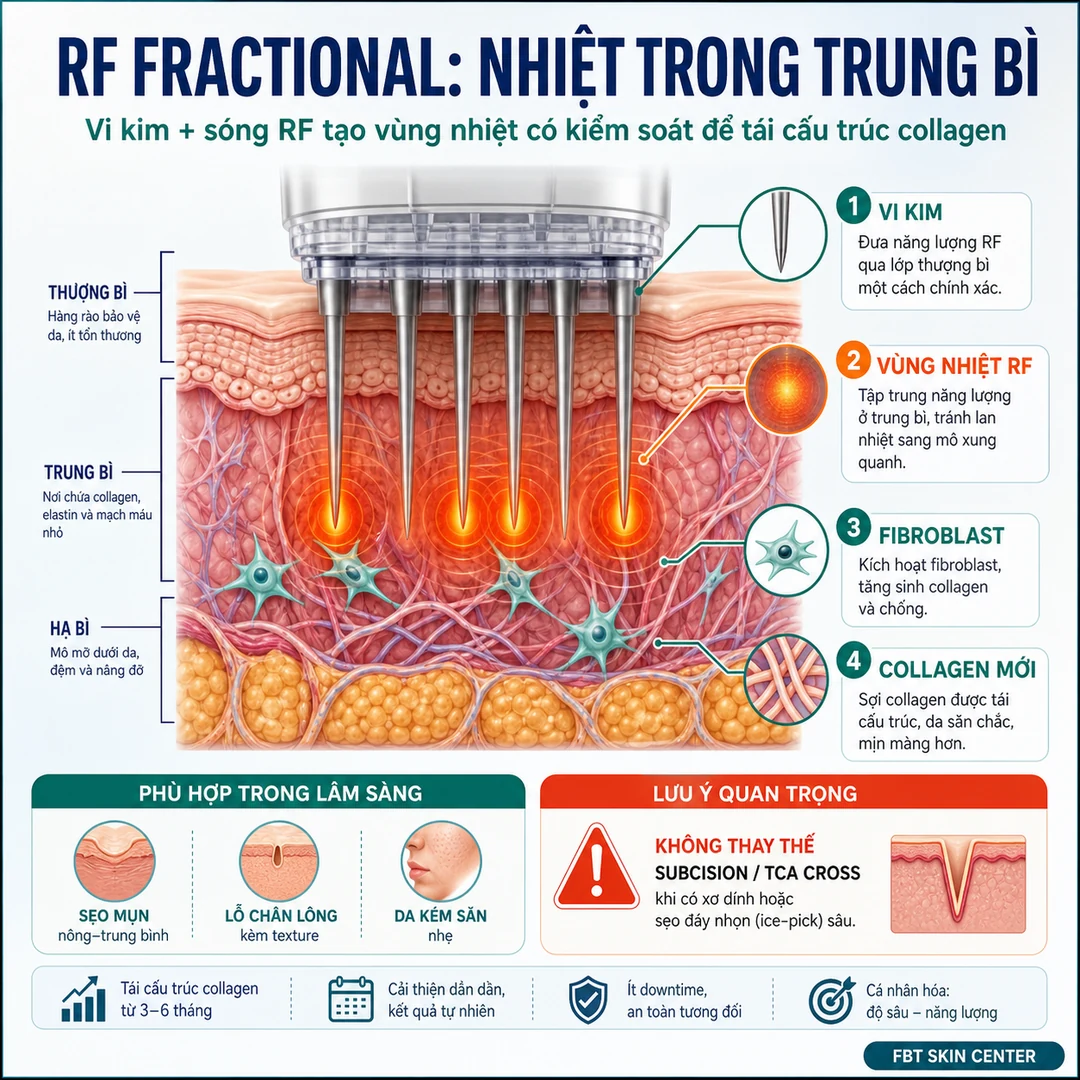 Infographic cơ chế: RF fractional tạo nhiệt trong trung bì, kích hoạt fibroblast và tái cấu trúc collagen.