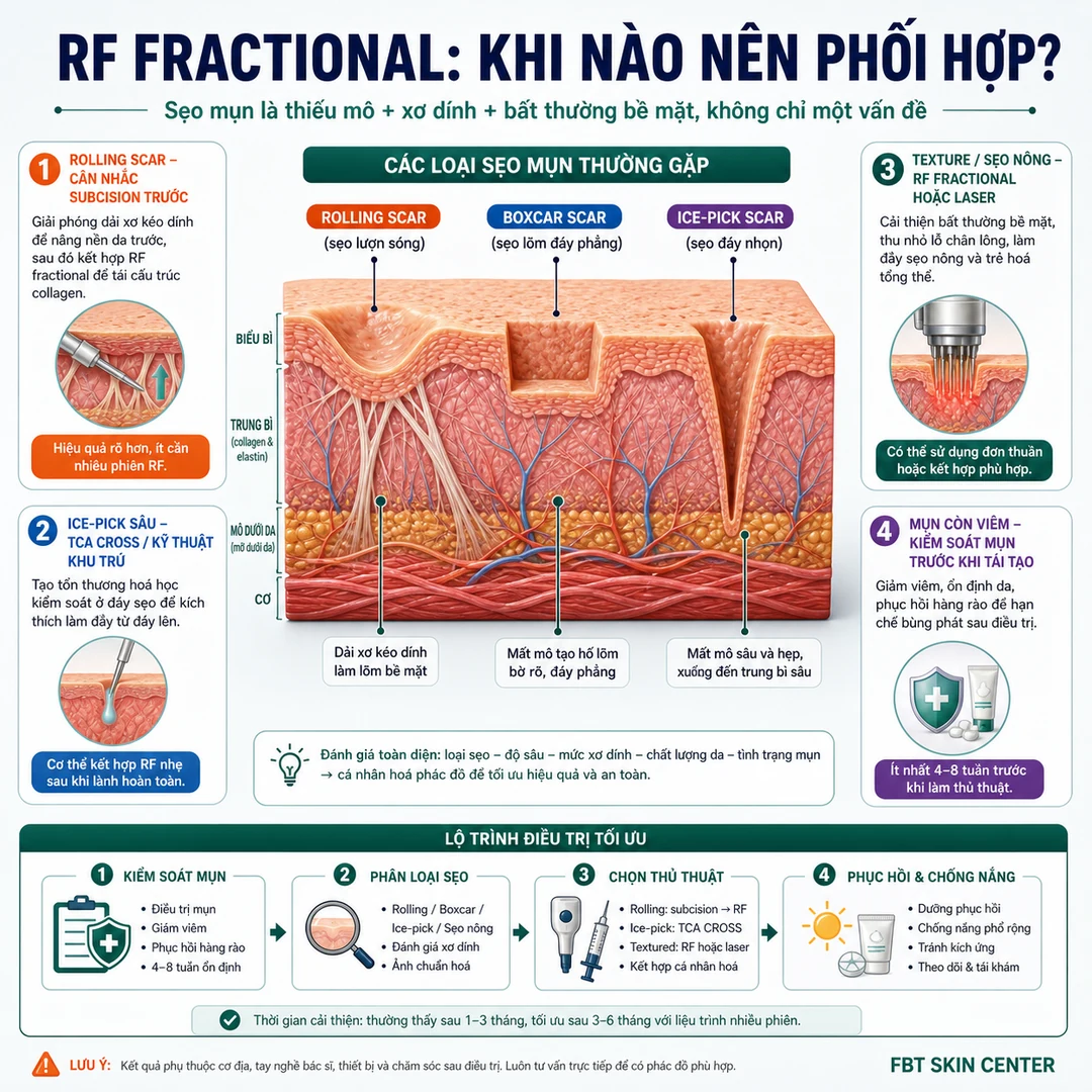Infographic phác đồ: RF fractional nên được phối hợp theo từng loại sẹo mụn, không dùng một công nghệ cho mọi sẹo.