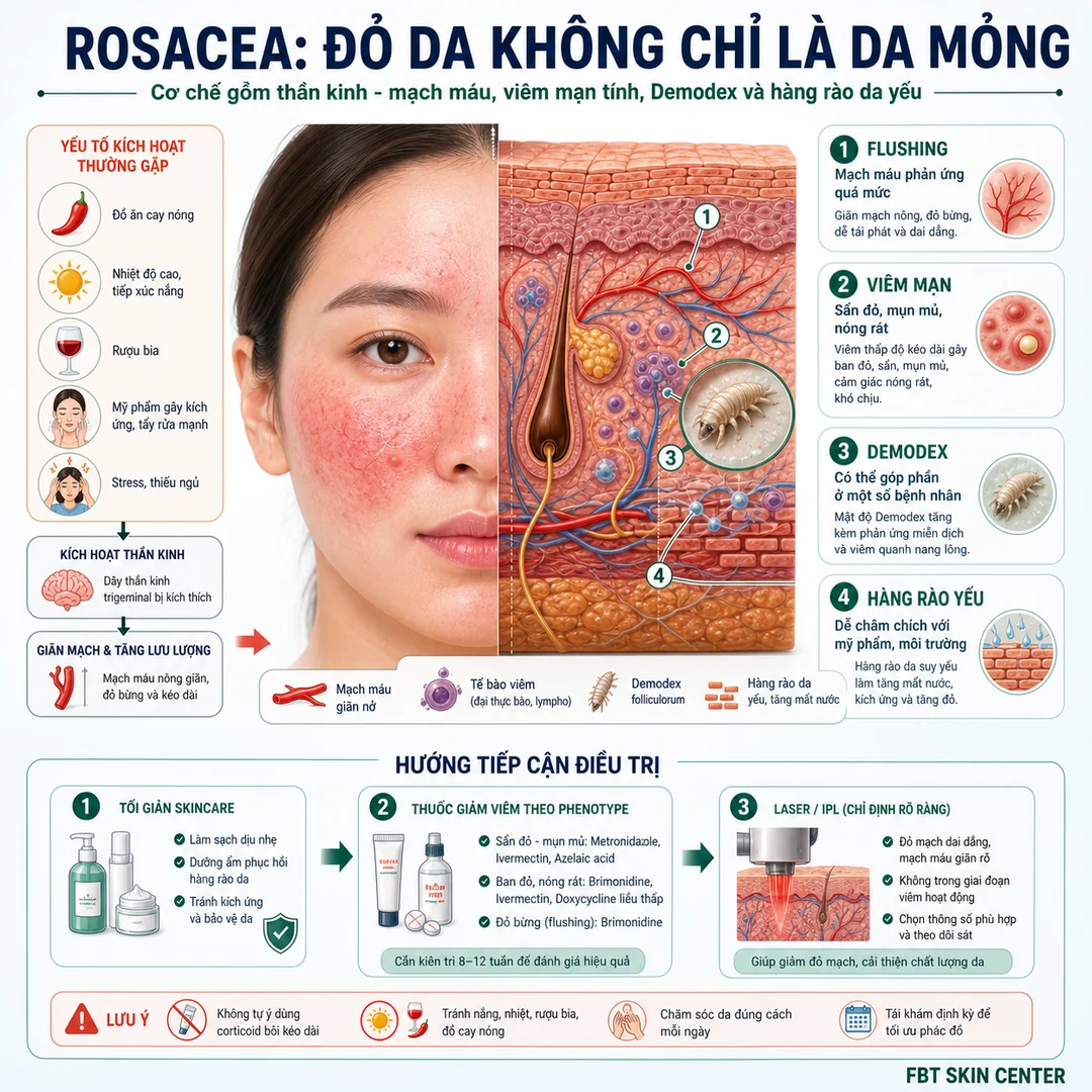 Infographic cơ chế: rosacea liên quan thần kinh - mạch máu, viêm mạn, Demodex và hàng rào da yếu.