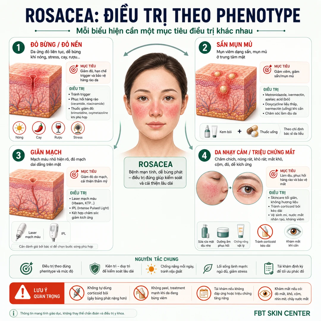 Infographic điều trị rosacea theo phenotype: đỏ nền, sẩn mụn mủ, giãn mạch và da nhạy cảm.