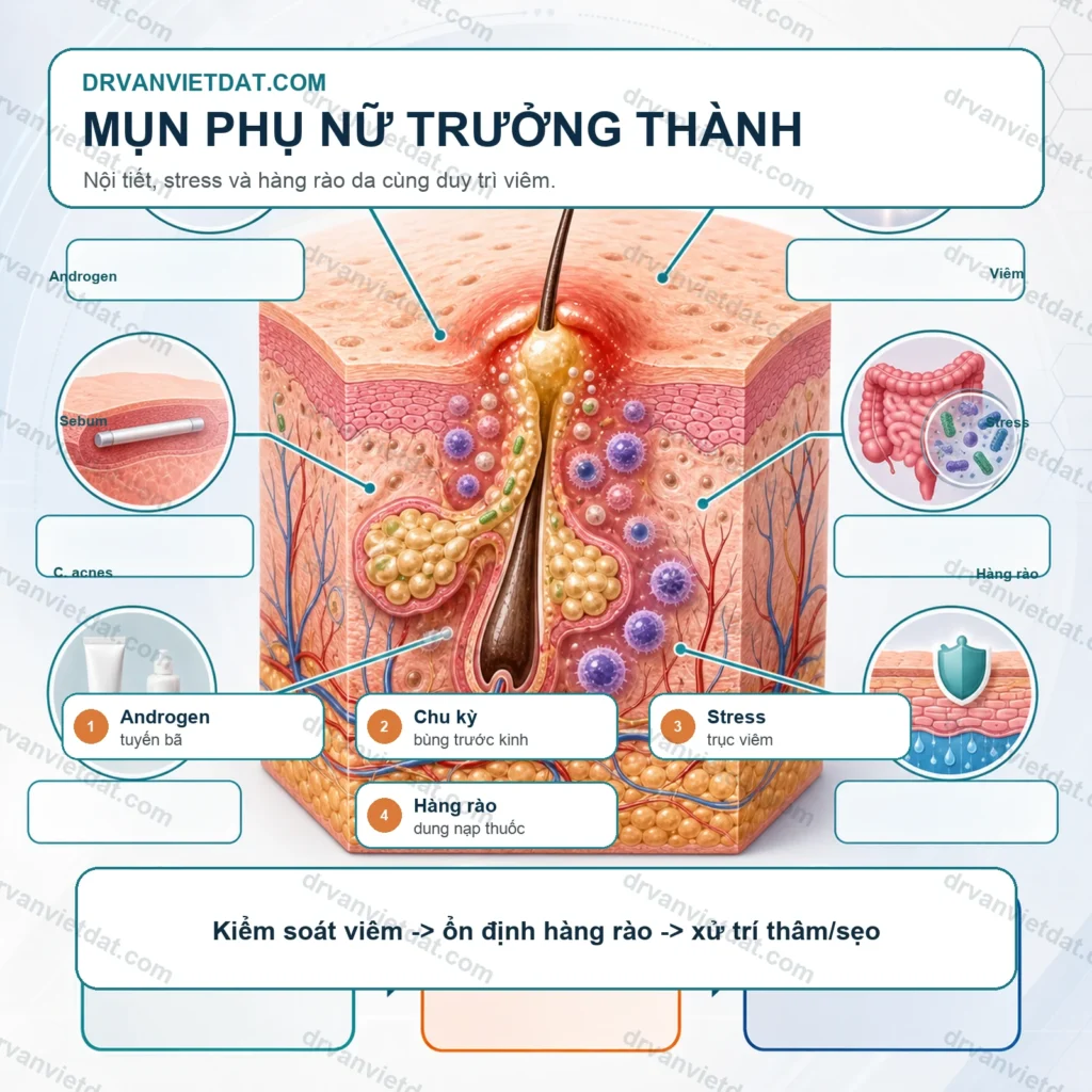 Mụn ở phụ nữ trưởng thành: vai trò nội tiết, stress và chăm sóc da (phần nền tảng)