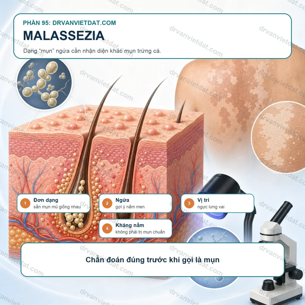 Phần 95: Viêm nang lông do Malassezia: dạng “mụn” ngứa dễ bị điều trị nhầm