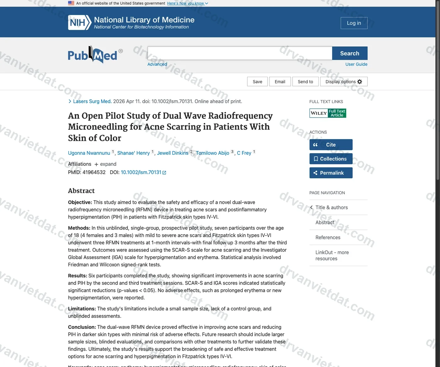 Screenshot nguồn PubMed về sẹo sau mụn trên skin of color