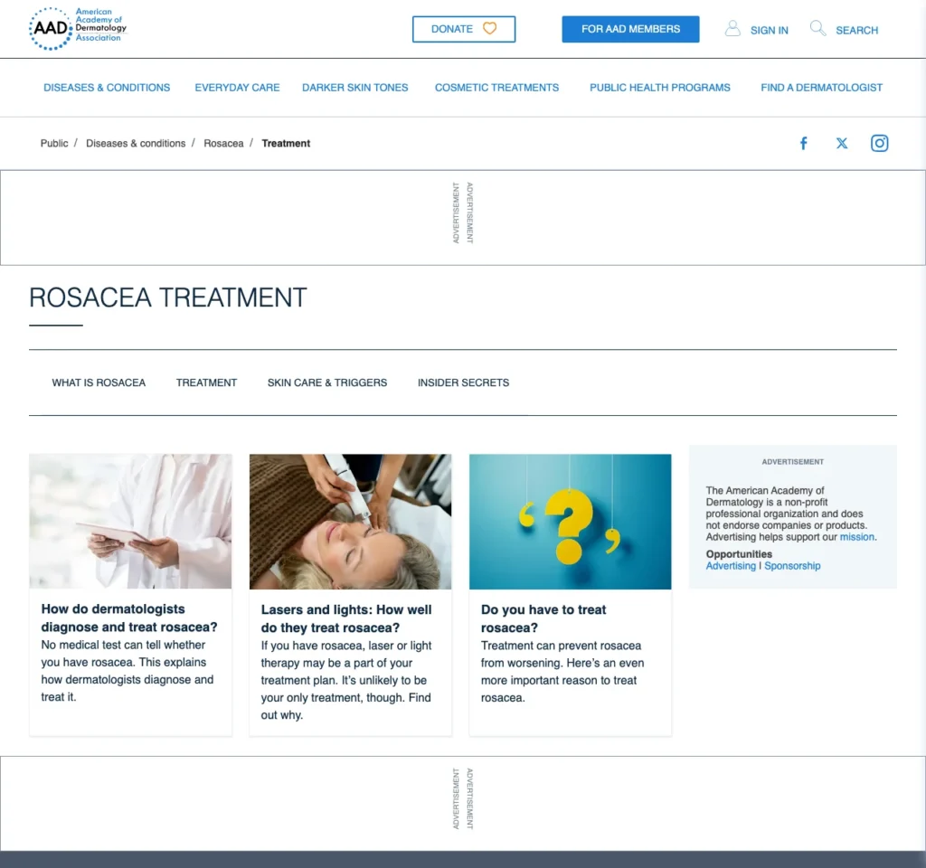 Screenshot nguồn: American Academy of Dermatology Association, trang Rosacea treatment.