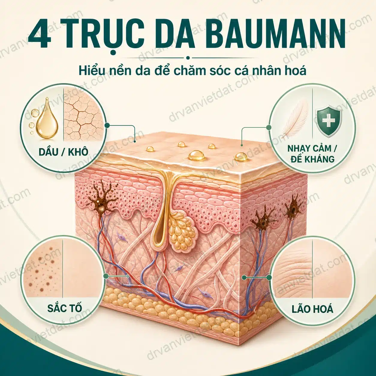 Bốn trục đánh giá da theo hệ Baumann