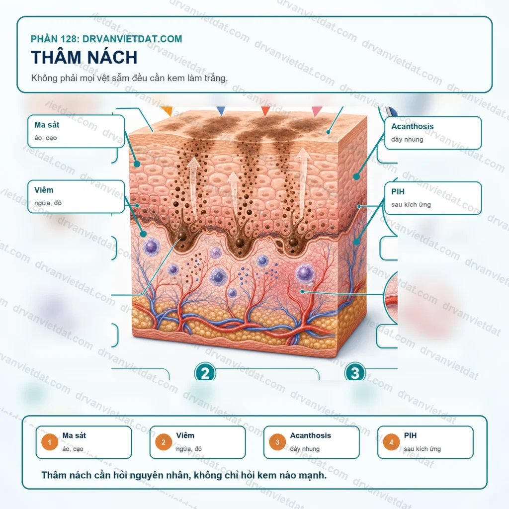 Phần 128: Thâm nách: phân biệt ma sát, viêm, sắc tố và bệnh nền trước khi bôi làm sáng