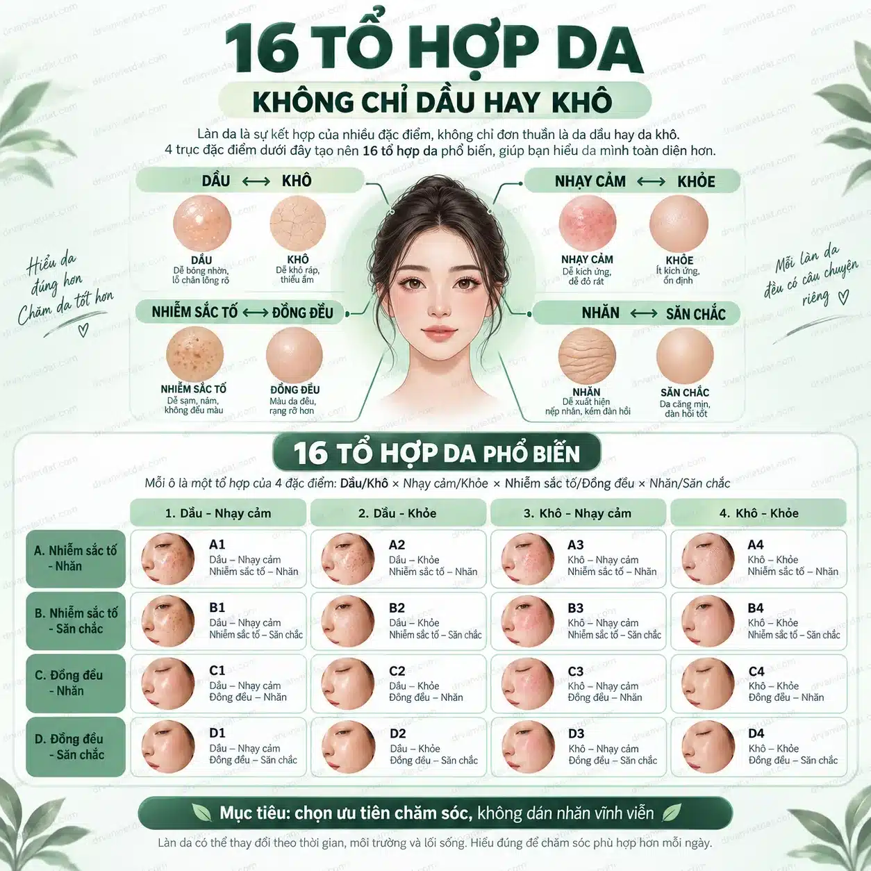 Infographic 16 tổ hợp da hình thành từ bốn trục dầu khô nhạy khỏe sắc tố và nhăn