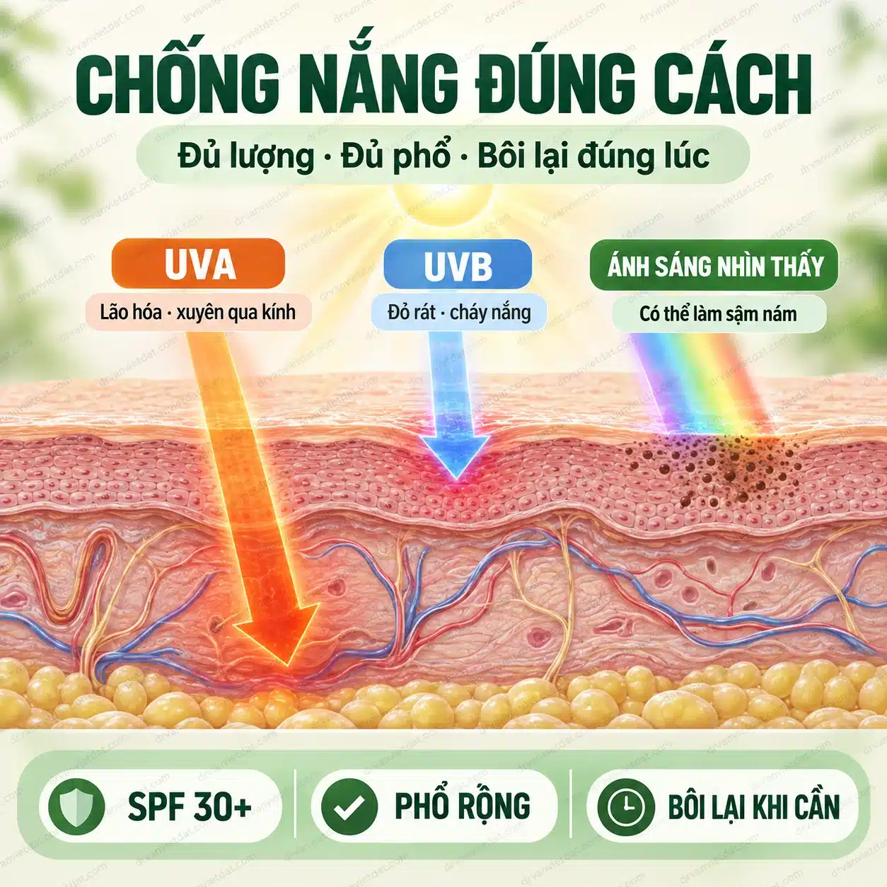 Infographic giải thích UVA, UVB, ánh sáng nhìn thấy và cách chống nắng đúng