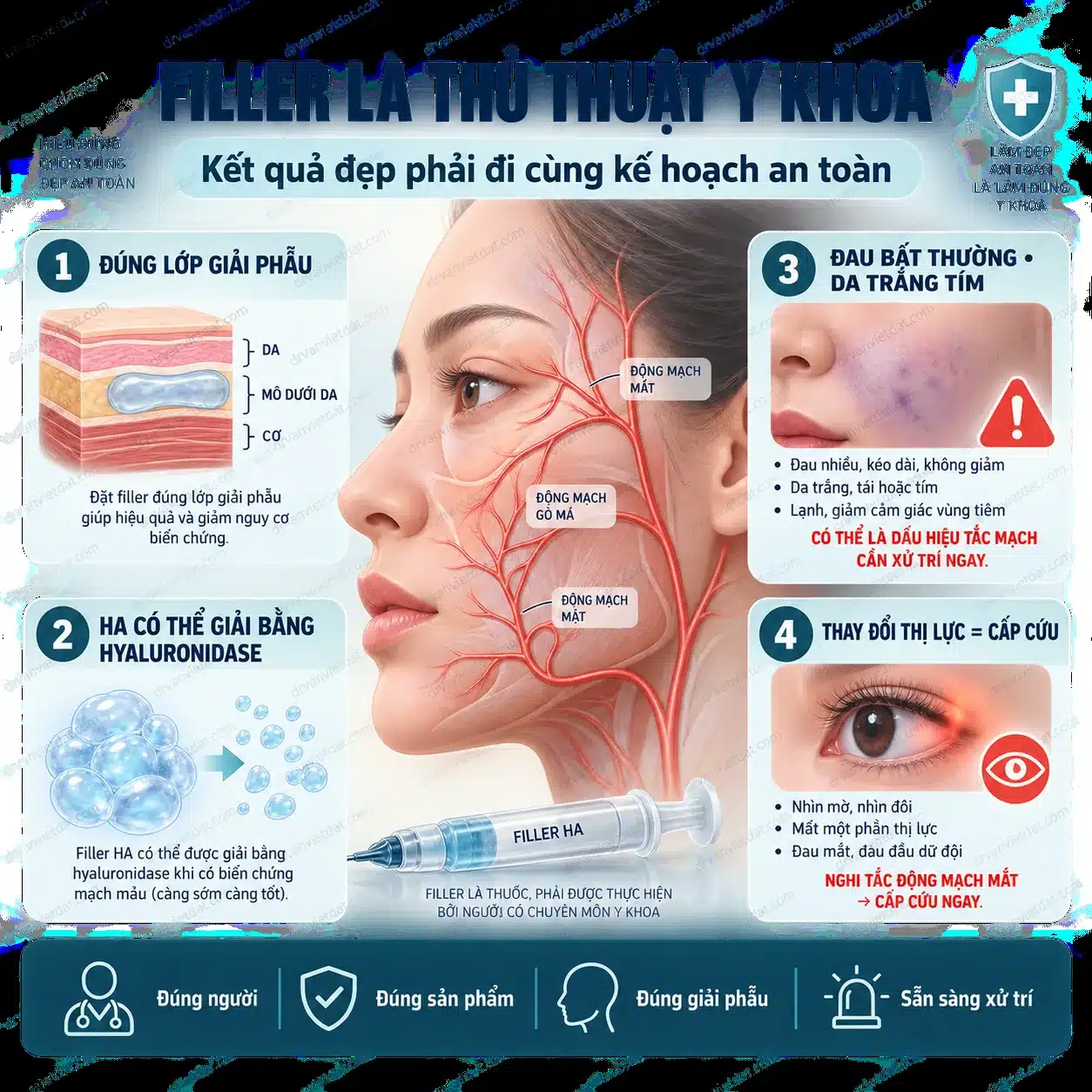 Infographic an toàn tiêm filler với giải phẫu mạch máu và dấu hiệu tắc mạch