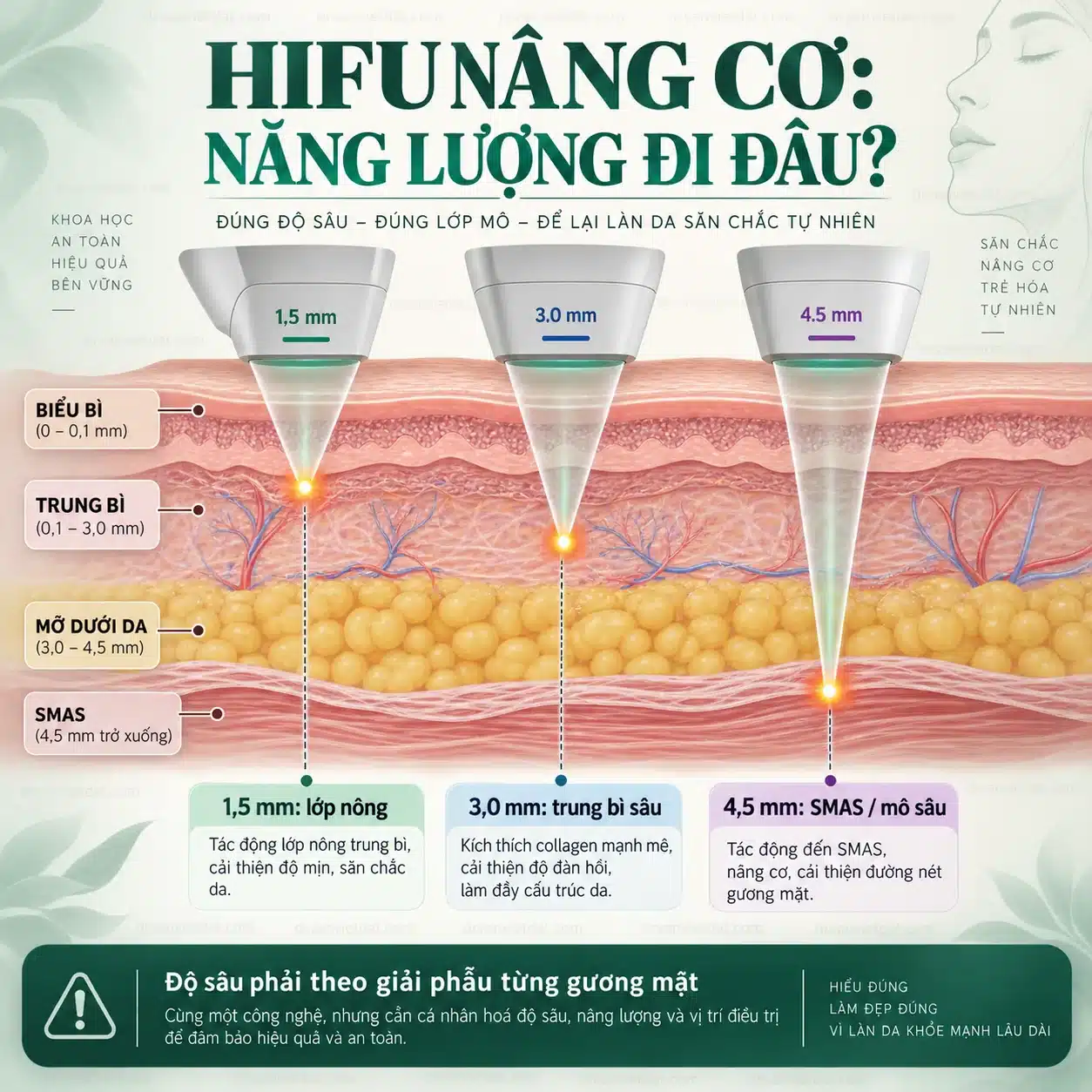 Infographic độ sâu 1,5 mm 3,0 mm và 4,5 mm của đầu điều trị HIFU