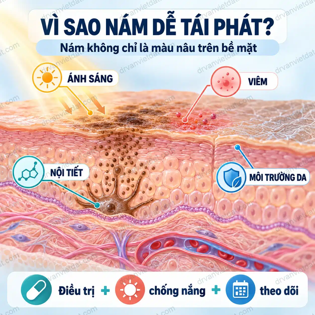 Minh họa các cơ chế khiến nám dễ tái phát: ánh sáng, viêm, nội tiết và môi trường da.